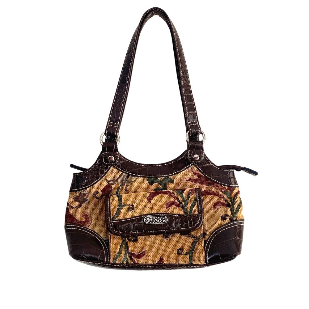 Vintage Floral Tapestry Boho Brown Croc Embossed Faux Leather Hobo Mini Purse